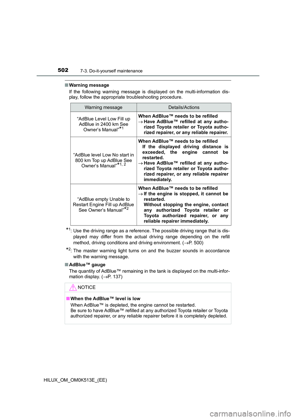 TOYOTA HILUX 2022 Workshop Manual 5027-3. Do-it-yourself maintenance
HILUX_OM_OM0K513E_(EE)
�QWarning message 
If the following warning message is displayed on the multi-information dis- 
play, follow the appropriate troubleshooting p