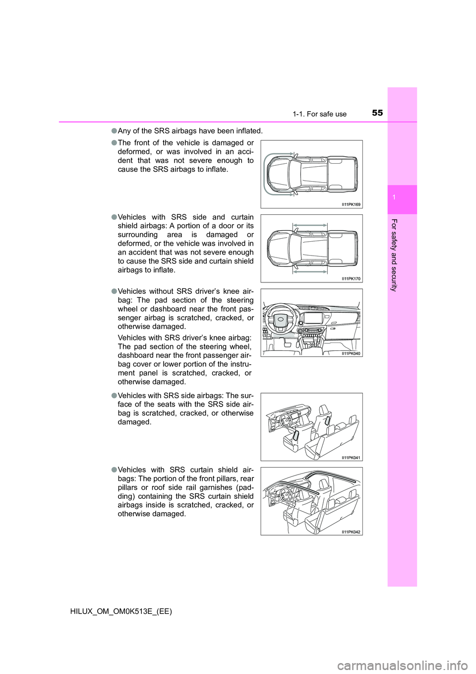 TOYOTA HILUX 2022 Workshop Manual 551-1. For safe use
1
HILUX_OM_OM0K513E_(EE)
For safety and security
�OAny of the SRS airbags have been inflated. 
�O The front of the vehicle is damaged or 
deformed, or was involved in an acci- 
den