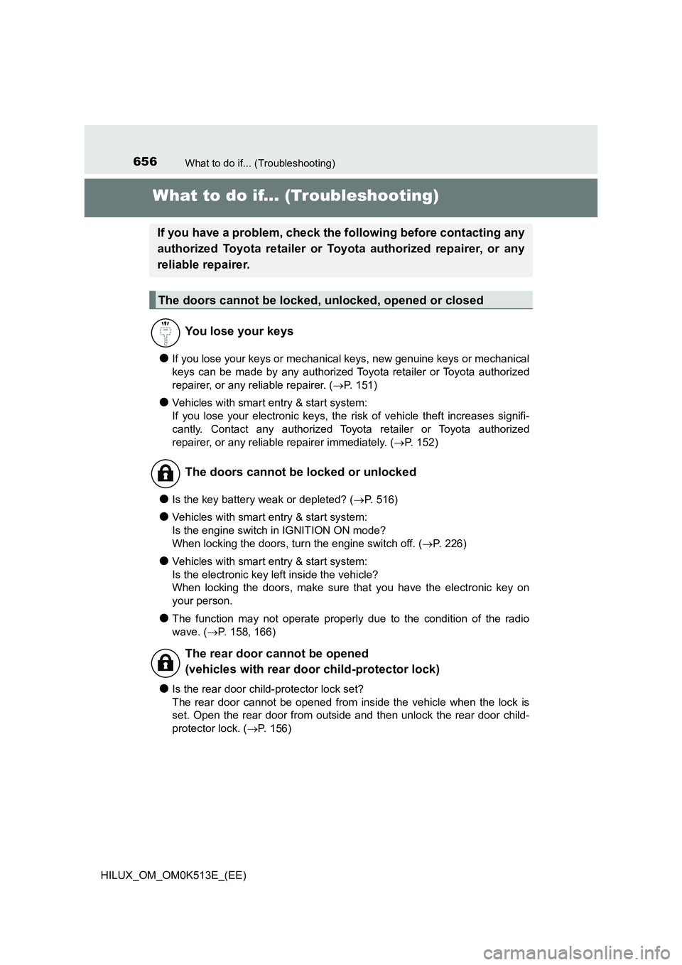 TOYOTA HILUX 2022 Repair Manual 656What to do if... (Troubleshooting)
HILUX_OM_OM0K513E_(EE)
What to do if... (Troubleshooting)
�OIf you lose your keys or mechanical keys, new genuine keys or mechanical 
keys can be made by any auth