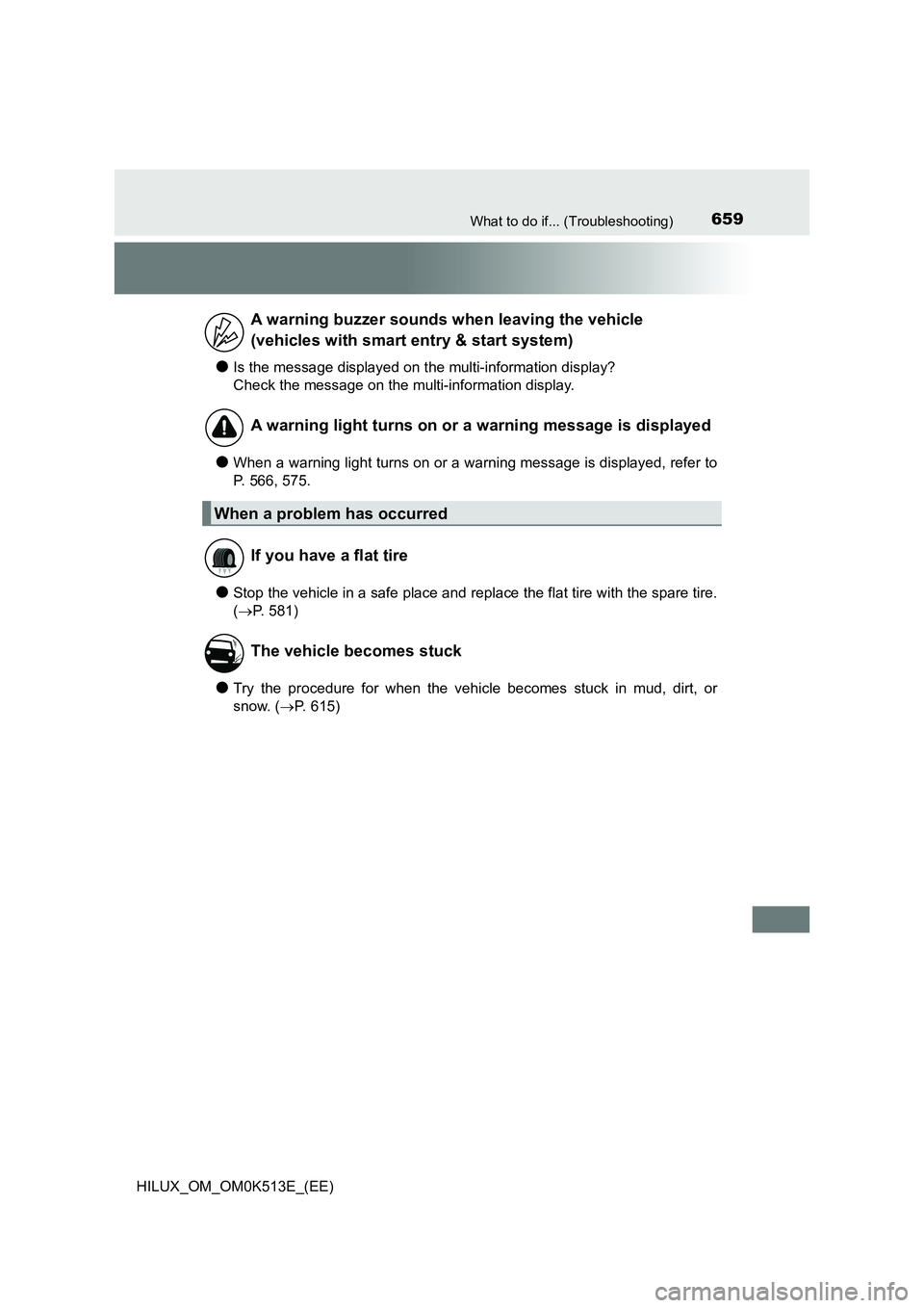 TOYOTA HILUX 2022 Manual PDF 659What to do if... (Troubleshooting)
HILUX_OM_OM0K513E_(EE)
�OIs the message displayed on the multi-information display? 
Check the message on the multi-information display.
�OWhen a warning light tu
