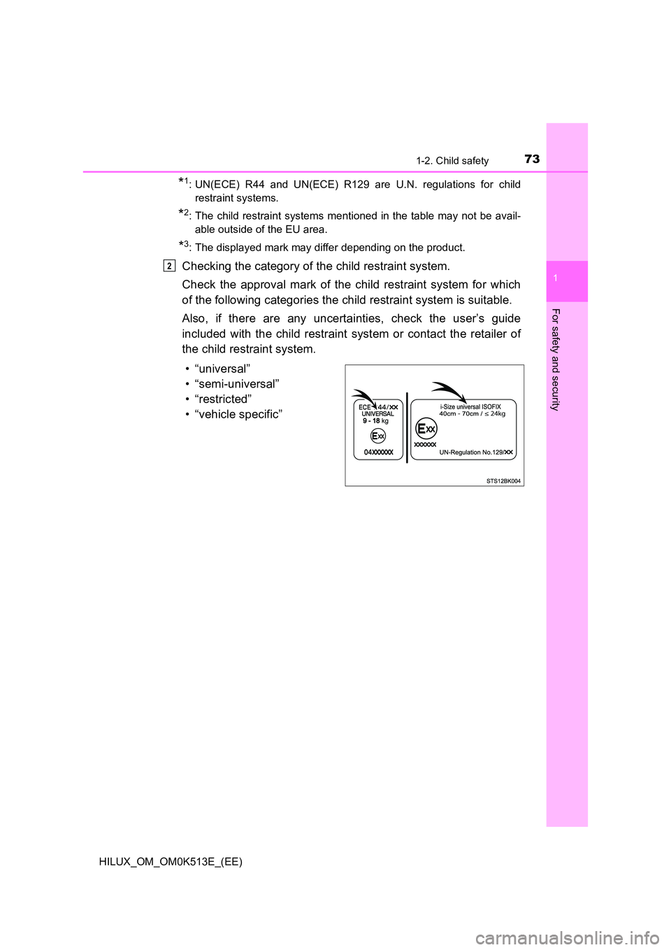 TOYOTA HILUX 2022 Manual PDF 731-2. Child safety
1
HILUX_OM_OM0K513E_(EE)
For safety and security
*1: UN(ECE) R44 and UN(ECE) R129 are U.N. regulations for child 
restraint systems.
*2: The child restraint systems mentioned in th