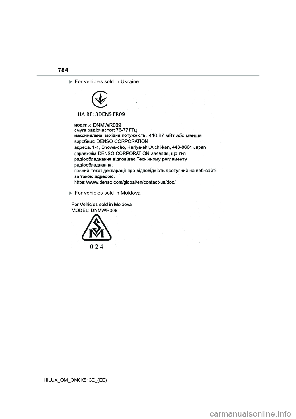 TOYOTA HILUX 2022 Owners Manual 784
HILUX_OM_OM0K513E_(EE)
For vehicles sold in Ukraine
For vehicles sold in Moldova TOYOTA HILUX 2022 Owners Manual 784
HILUX_OM_OM0K513E_(EE)
For vehicles sold in Ukraine
For vehicles sold in Moldova