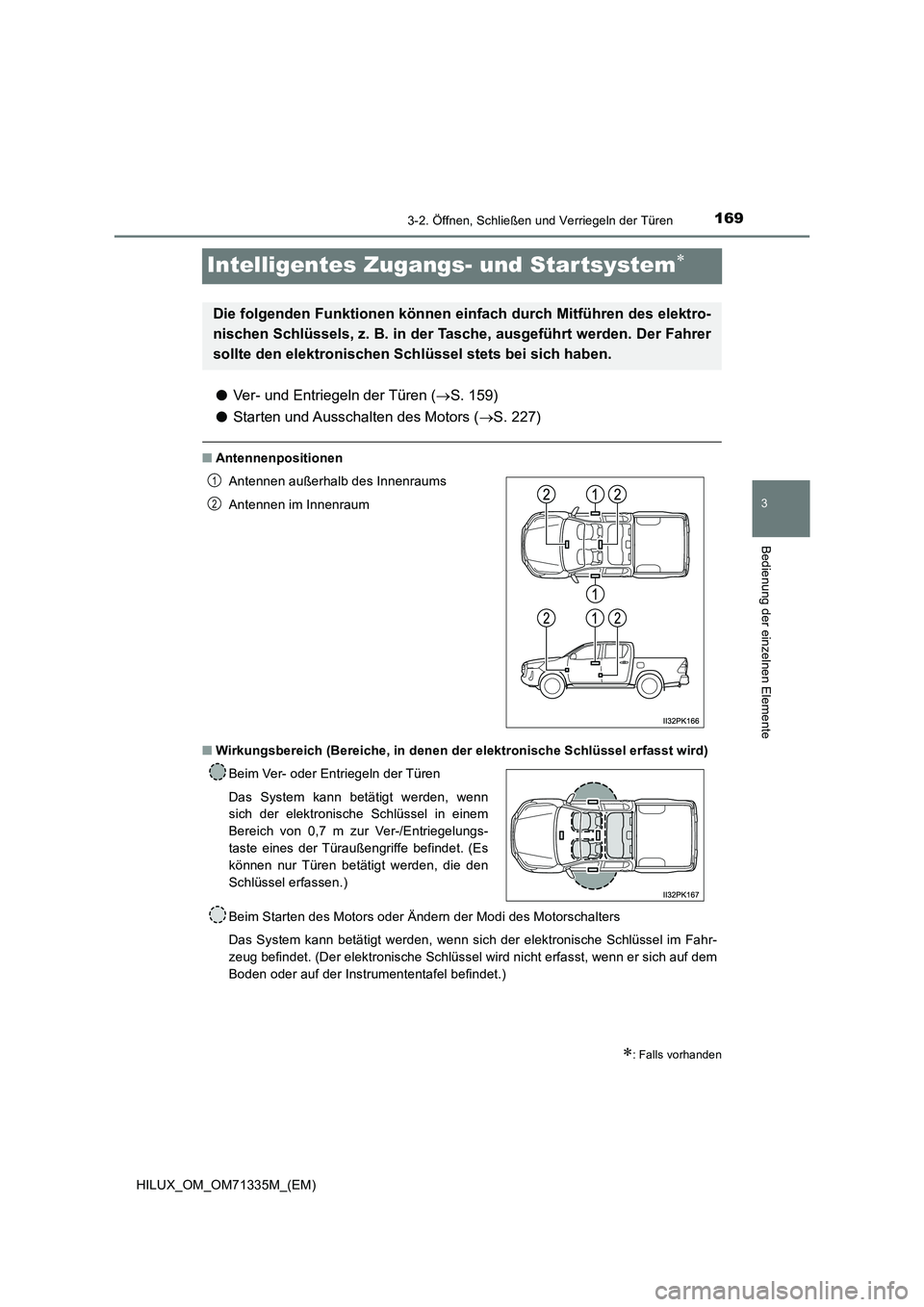 TOYOTA HILUX 2022  Betriebsanleitungen (in German) 169
3
3-2. Öffnen, Schließen und Verriegeln der Türen
Bedienung der einzelnen Elemente
HILUX_OM_OM71335M_(EM)
Intelligentes Zugangs- und Startsystem
�OVer- und Entriegeln der Türen (S. 159) 