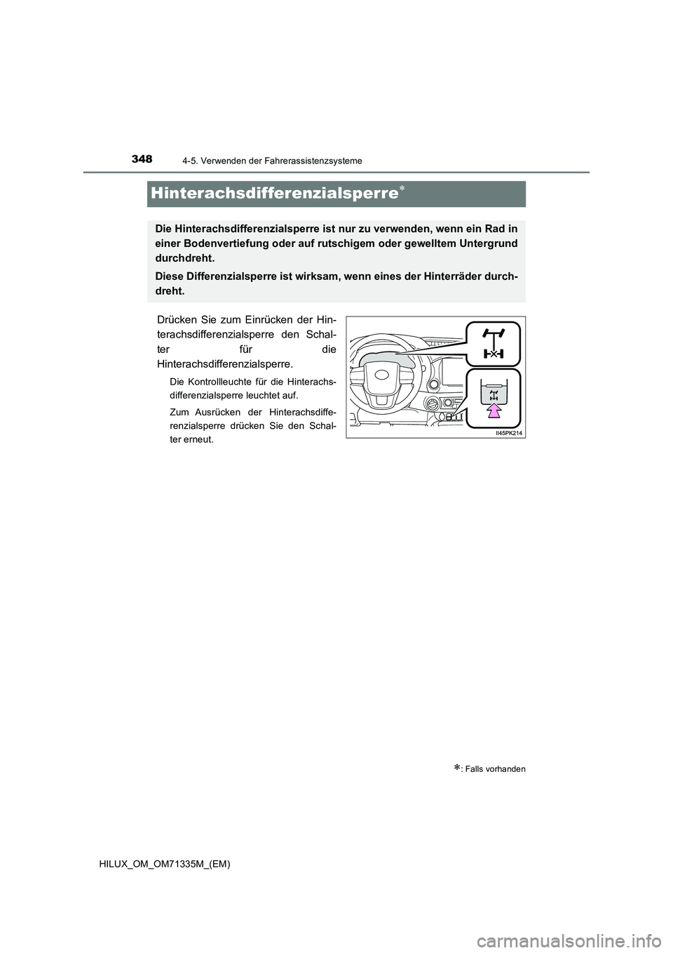 TOYOTA HILUX 2022  Betriebsanleitungen (in German) 3484-5. Verwenden der Fahrerassistenzsysteme
HILUX_OM_OM71335M_(EM)
Hinterachsdifferenzialsperre
Drücken Sie zum Einrücken der Hin-
terachsdifferenzialsperre den Schal-
ter für die
Hinterachsdif