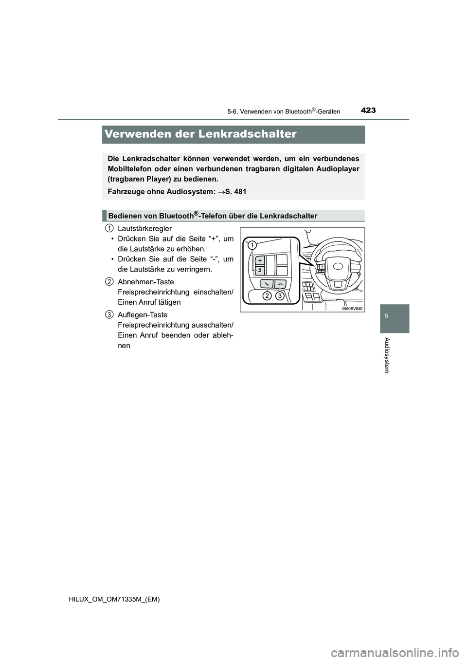 TOYOTA HILUX 2022  Betriebsanleitungen (in German) 423
5
5-6. Verwenden von Bluetooth®-Geräten
Audiosystem
HILUX_OM_OM71335M_(EM)
Verwenden der Lenkradschalter
Lautstärkeregler
• Drücken Sie auf die Seite “+”, um
die Lautstärke zu erhöhen.