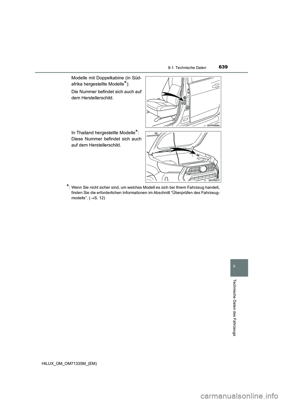 TOYOTA HILUX 2022  Betriebsanleitungen (in German) 639
9
9-1. Technische Daten
Technische Daten des Fahrzeugs
HILUX_OM_OM71335M_(EM)
Modelle mit Doppelkabine (in Süd- 
afrika hergestellte Modelle*): 
Die Nummer befindet sich auch auf 
dem Herstellers