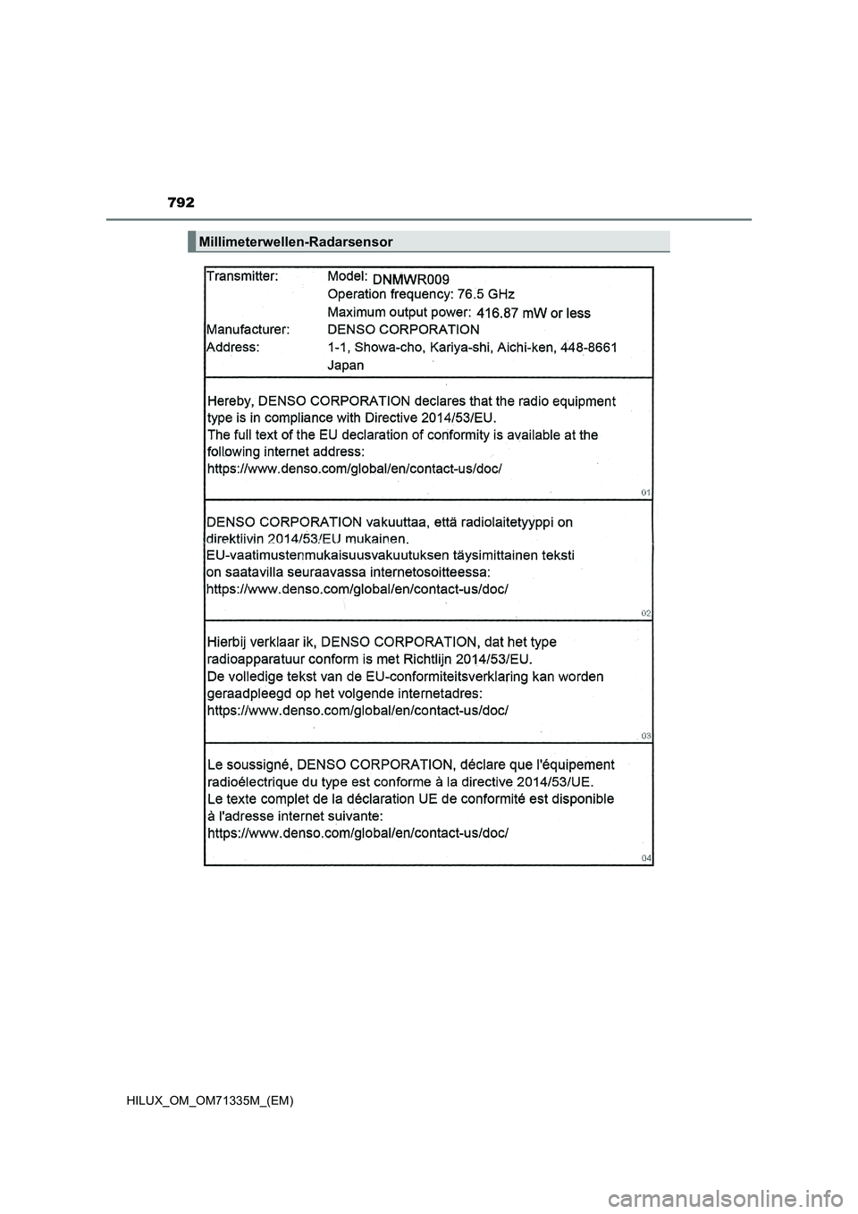 TOYOTA HILUX 2022 Betriebsanleitungen (in German) 792
HILUX_OM_OM71335M_(EM)
Millimeterwellen-Radarsensor TOYOTA HILUX 2022 Betriebsanleitungen (in German) 792
HILUX_OM_OM71335M_(EM)
Millimeterwellen-Radarsensor