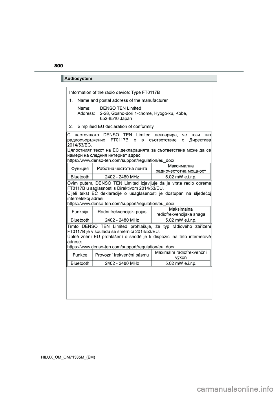 TOYOTA HILUX 2022  Betriebsanleitungen (in German) 800
HILUX_OM_OM71335M_(EM)
Audiosystem 