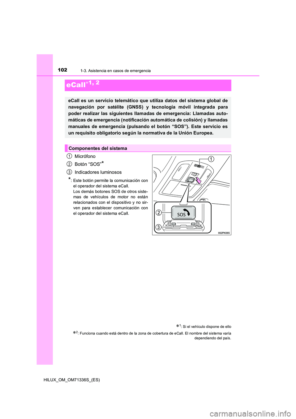 TOYOTA HILUX 2022  Manual del propietario (in Spanish) 1021-3. Asistencia en casos de emergencia
HILUX_OM_OM71336S_(ES)
eCall1, 2
Micrófono 
Botón “SOS”*
Indicadores luminosos
*: Este botón permite la comunicación con 
el operador del sistema e