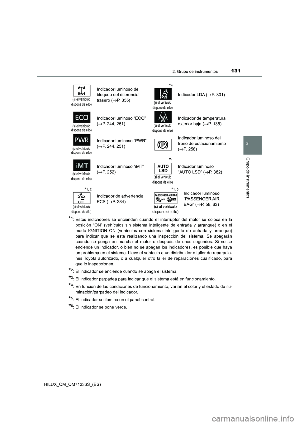 TOYOTA HILUX 2022 Manual del propietario (in Spanish) 1312. Grupo de instrumentos
2
Grupo de instrumentos
HILUX_OM_OM71336S_(ES)
*1: Estos indicadores se encienden cuando el interruptor del motor se coloca en la
posición “ON” (vehículos sin sistem TOYOTA HILUX 2022 Manual del propietario (in Spanish) 1312. Grupo de instrumentos
2
Grupo de instrumentos
HILUX_OM_OM71336S_(ES)
*1: Estos indicadores se encienden cuando el interruptor del motor se coloca en la
posición “ON” (vehículos sin sistem