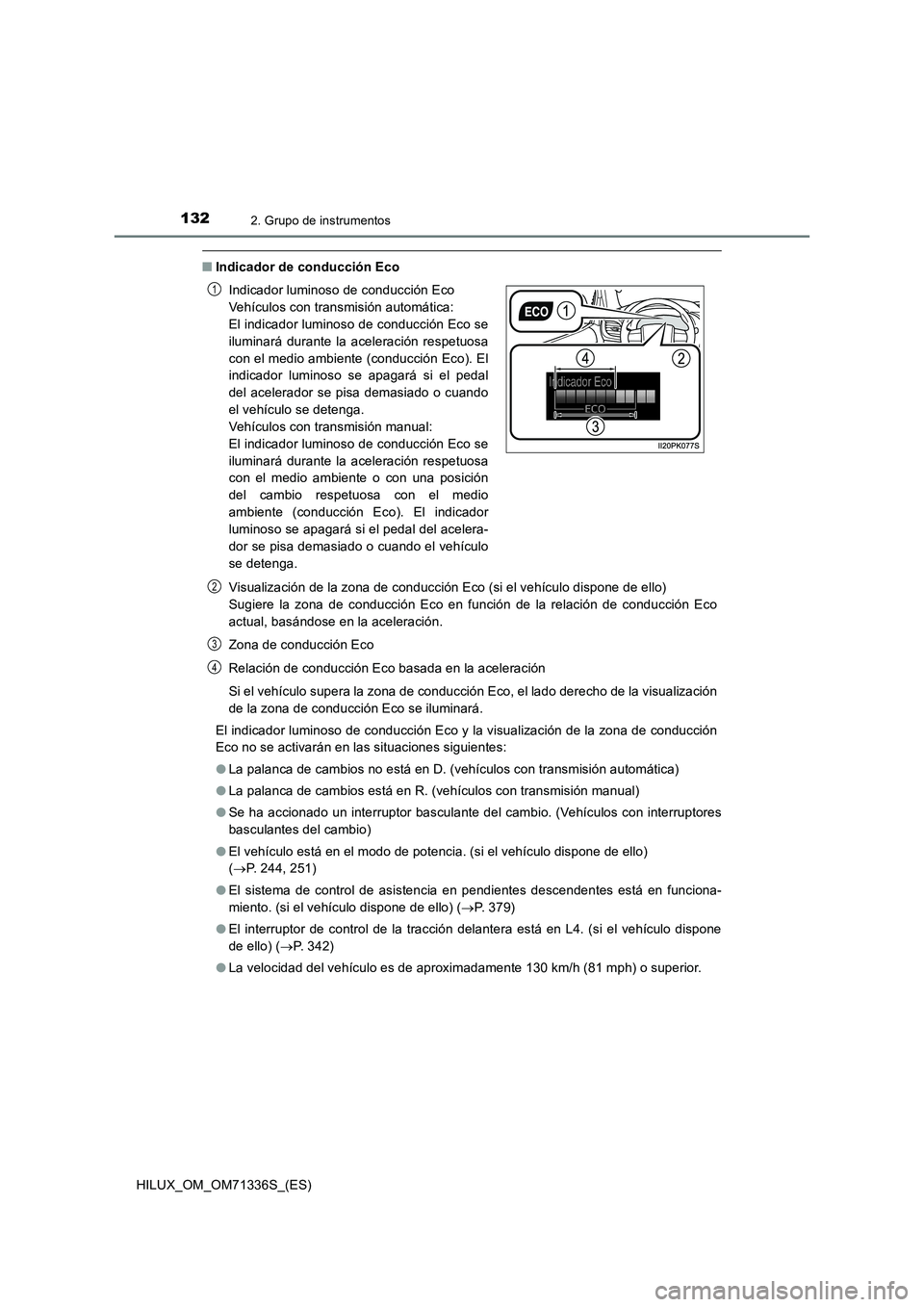 TOYOTA HILUX 2022  Manual del propietario (in Spanish) 1322. Grupo de instrumentos
HILUX_OM_OM71336S_(ES)
�QIndicador de conducción Eco
Visualización de la zona de conducción Eco (si el vehículo dispone de ello) 
Sugiere la zona de conducción Eco en 
