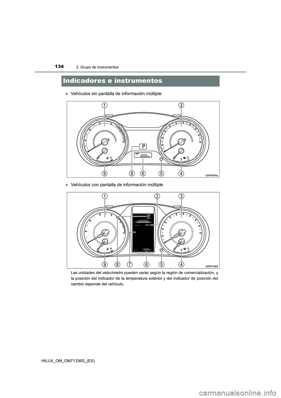TOYOTA HILUX 2022  Manual del propietario (in Spanish) 1342. Grupo de instrumentos
HILUX_OM_OM71336S_(ES)
Indicadores e instrumentos
Vehículos sin pantalla de información múltiple
Vehículos con pantalla de información múltiple
Las unidades del