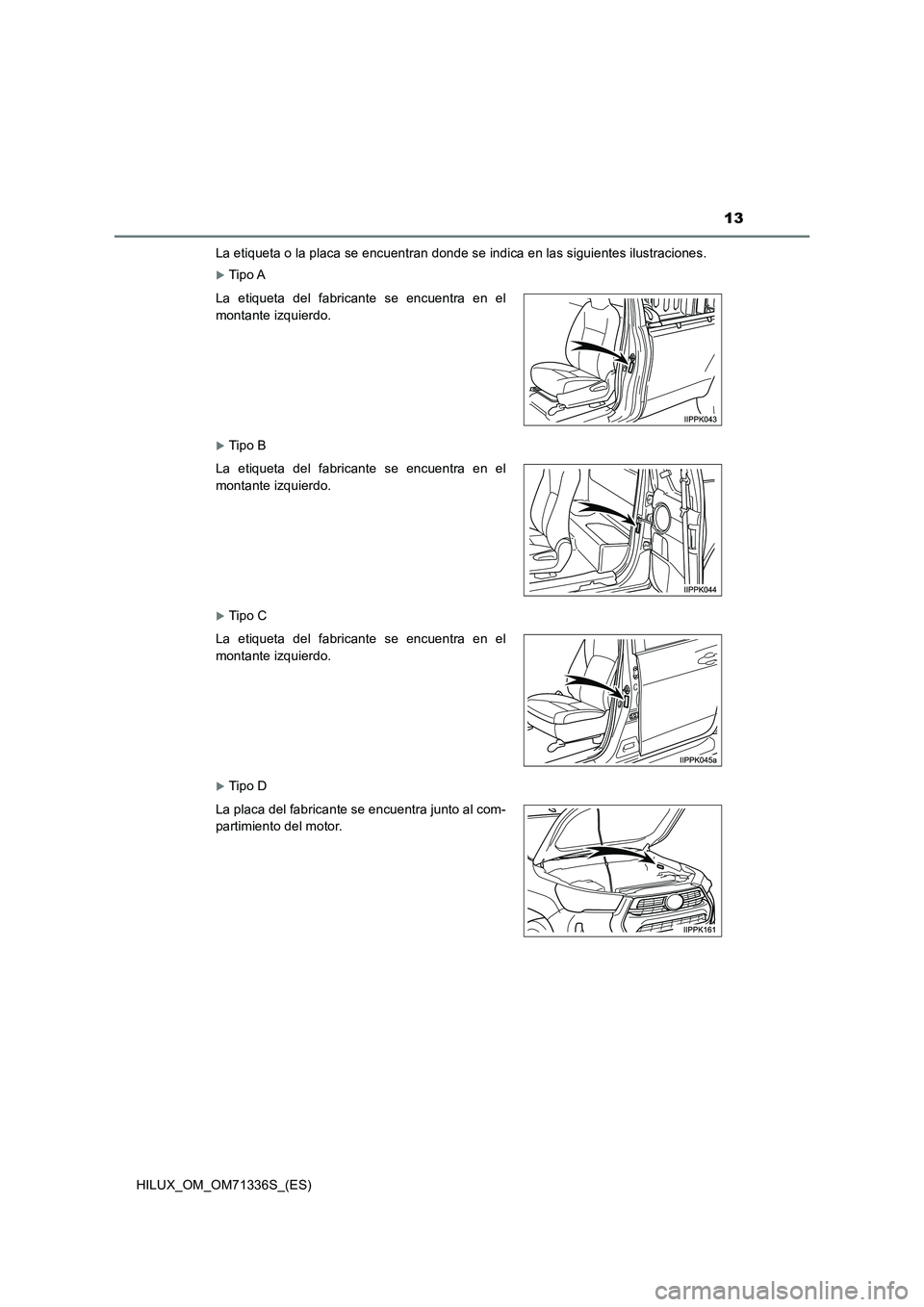 TOYOTA HILUX 2022  Manual del propietario (in Spanish) 13
HILUX_OM_OM71336S_(ES) 
La etiqueta o la placa se encuentran donde se indica en las siguientes ilustraciones.
Tip o A
Tip o B
Tip o C
Tip o D 
La etiqueta del fabricante se encuentra en