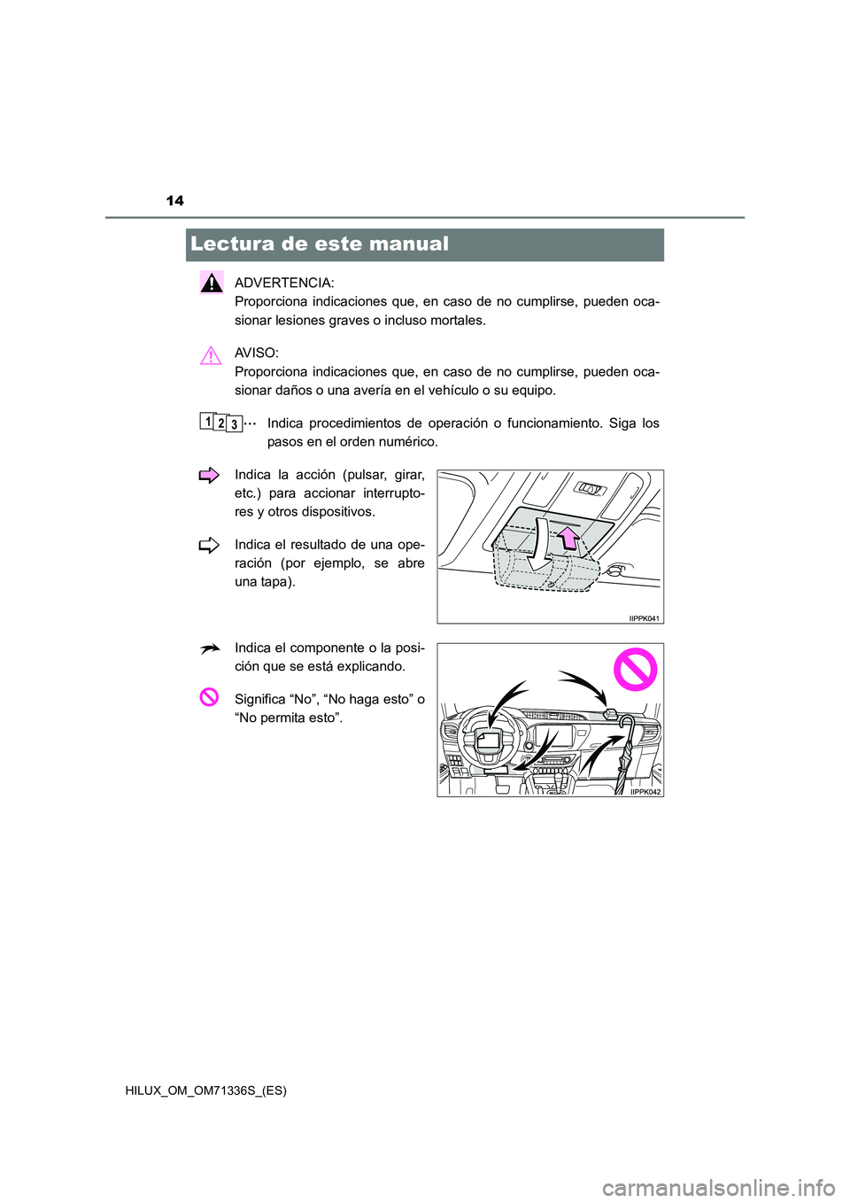TOYOTA HILUX 2022  Manual del propietario (in Spanish) 14
HILUX_OM_OM71336S_(ES)
Lectura de este manual
ADVERTENCIA: 
Proporciona indicaciones que, en caso de no cumplirse, pueden oca-
sionar lesiones graves o incluso mortales.
AV I S O :  
Proporciona in