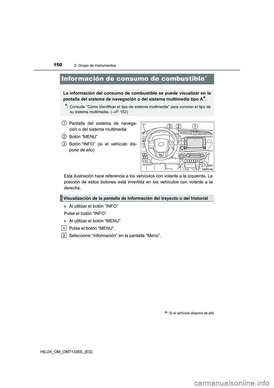 TOYOTA HILUX 2022  Manual del propietario (in Spanish) 1502. Grupo de instrumentos
HILUX_OM_OM71336S_(ES)
Infor mación de consumo de combustible
Pantalla del sistema de navega-
ción o del sistema multimedia
Botón “MENU”
Botón “INFO” (si el 