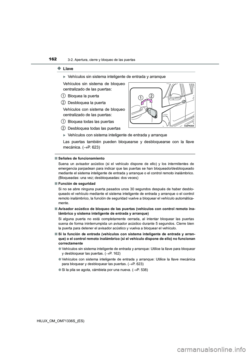 TOYOTA HILUX 2022  Manual del propietario (in Spanish) 1623-2. Apertura, cierre y bloqueo de las puertas
HILUX_OM_OM71336S_(ES)
�XLlave
Vehículos sin sistema inteligente de entrada y arranque
Vehículos sin sistema de bloqueo
centralizado de las puert