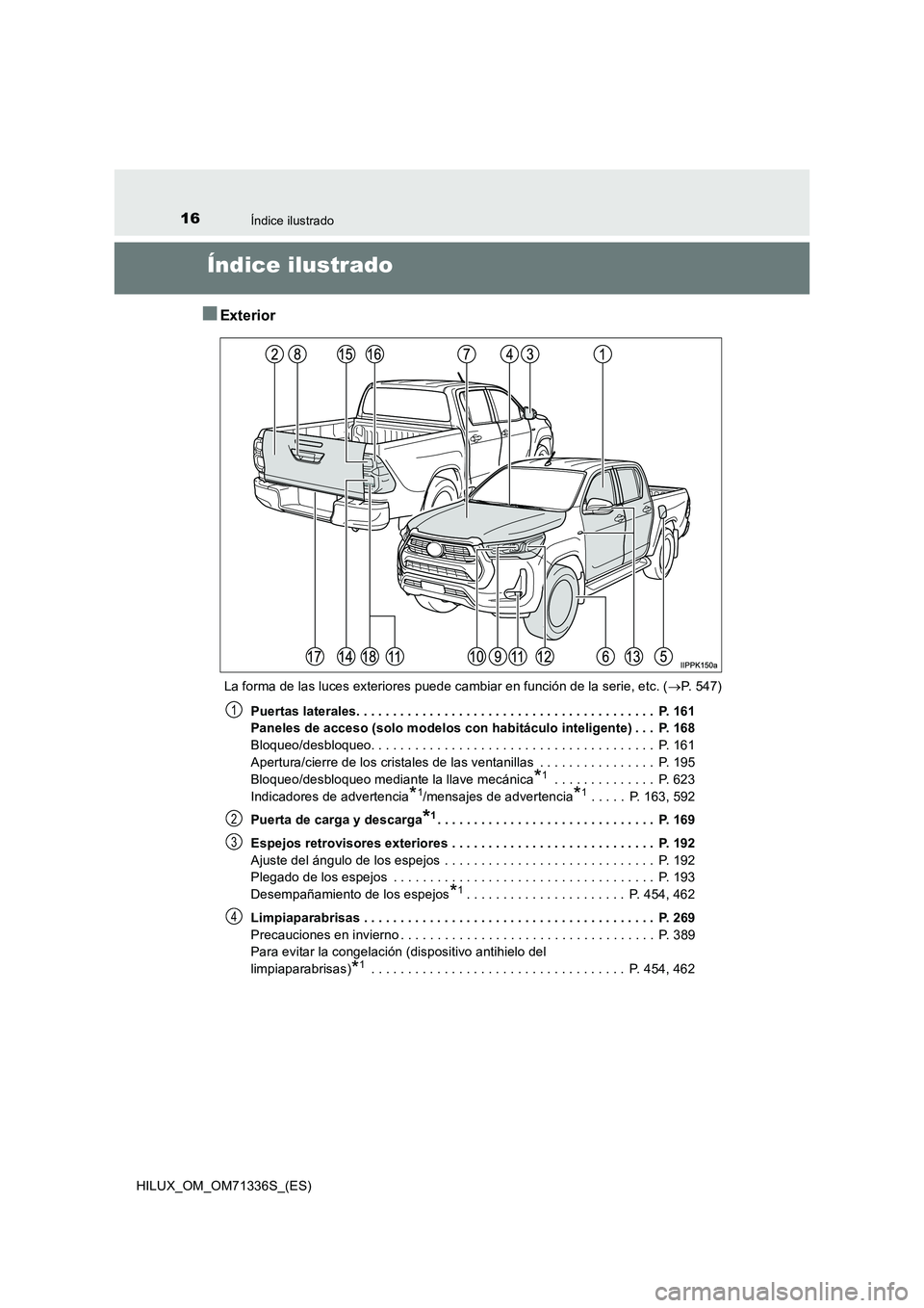 TOYOTA HILUX 2022  Manual del propietario (in Spanish) 16Índice ilustrado
HILUX_OM_OM71336S_(ES)
Índice ilustrado
�QExterior
La forma de las luces exteriores puede cambiar en función de la serie, etc. (P.  5 4 7 )
Puertas laterales. . . . . . . . . 