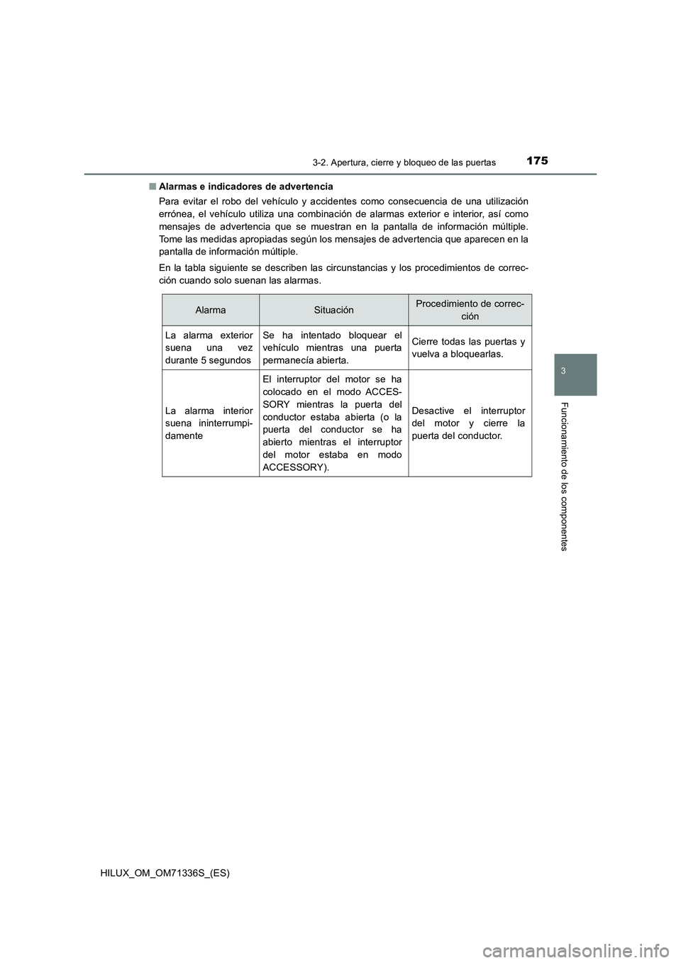 TOYOTA HILUX 2022  Manual del propietario (in Spanish) 1753-2. Apertura, cierre y bloqueo de las puertas
3
Funcionamiento de los componentes
HILUX_OM_OM71336S_(ES)�QAlarmas e indicadores de advertencia
Para evitar el robo del vehículo y accidentes como c