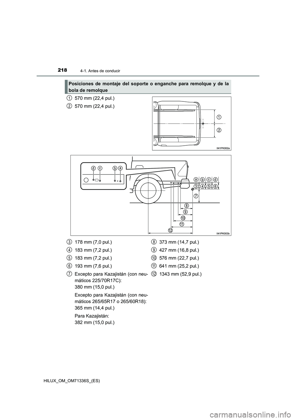 TOYOTA HILUX 2022  Manual del propietario (in Spanish) 2184-1. Antes de conducir
HILUX_OM_OM71336S_(ES)
570 mm (22,4 pul.)
570 mm (22,4 pul.)
Posiciones de montaje del soporte o enganche para remolque y de la
bola de remolque
1
2
178 mm (7,0 pul.)
183 mm 