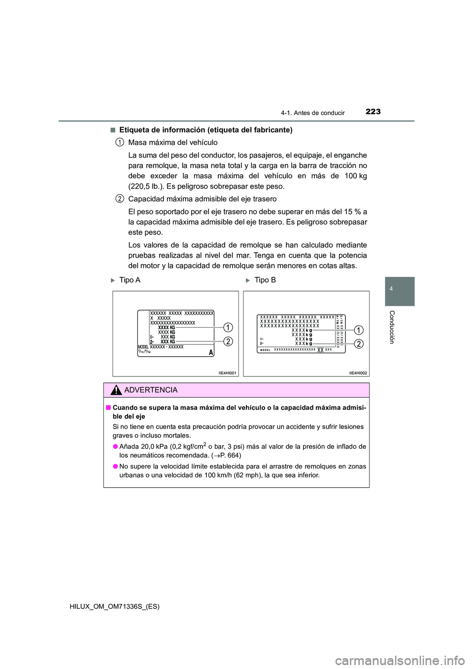 TOYOTA HILUX 2022  Manual del propietario (in Spanish) 2234-1. Antes de conducir
4
Conducción
HILUX_OM_OM71336S_(ES) 
�QEtiqueta de información (etiqueta del fabricante) 
Masa máxima del vehículo 
La suma del peso del conductor, los pasajeros, el equi