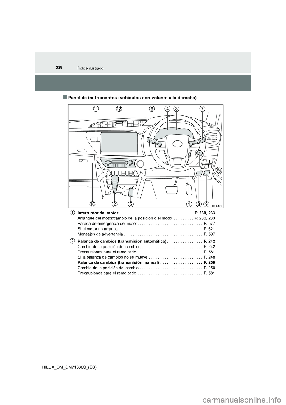 TOYOTA HILUX 2022  Manual del propietario (in Spanish) 26Índice ilustrado
HILUX_OM_OM71336S_(ES)
�QPanel de instrumentos (vehículos con volante a la derecha)
Interruptor del motor . . . . . . . . . . . . . . . . . . . . . . . . . . . . . . . . .  P. 230