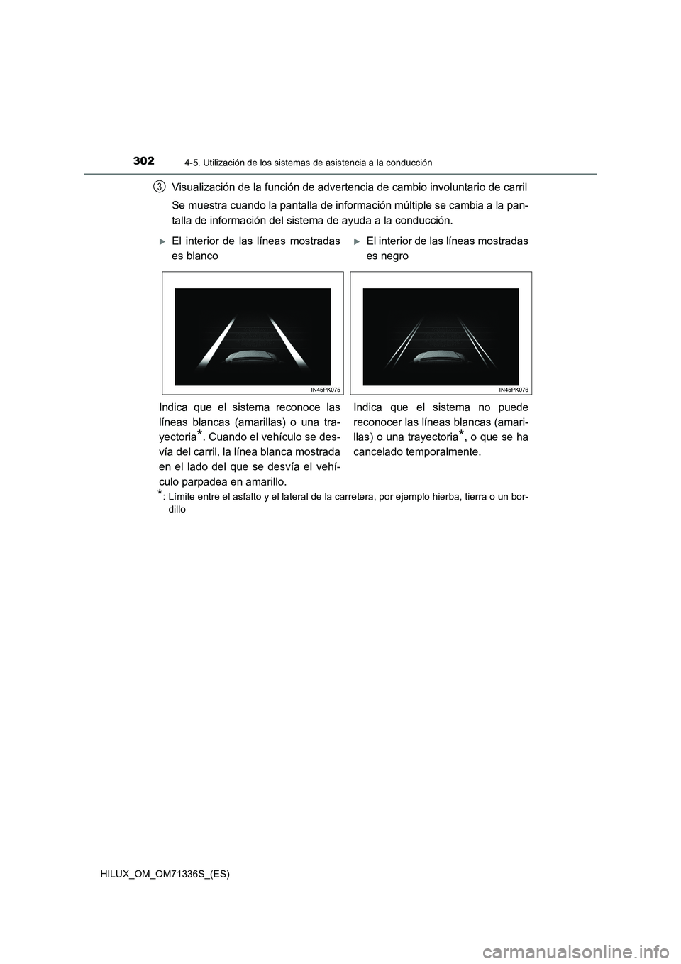 TOYOTA HILUX 2022  Manual del propietario (in Spanish) 3024-5. Utilización de los sistemas de asistencia a la conducción
HILUX_OM_OM71336S_(ES)
Visualización de la función de advertencia de cambio involuntario de carril
Se muestra cuando la pantalla d