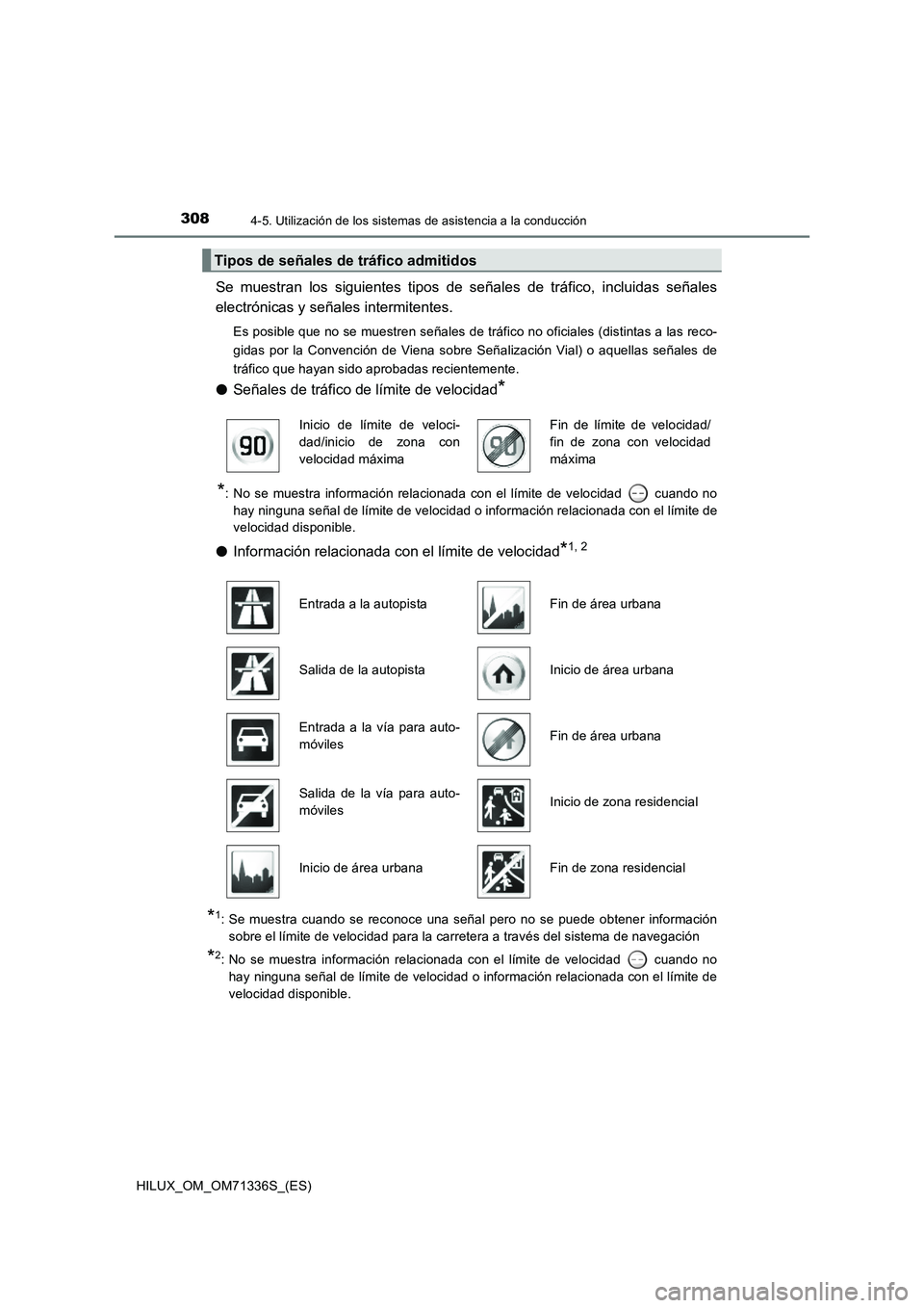 TOYOTA HILUX 2022  Manual del propietario (in Spanish) 3084-5. Utilización de los sistemas de asistencia a la conducción
HILUX_OM_OM71336S_(ES)
Se muestran los siguientes tipos de señales de tráfico, incluidas señales
electrónicas y señales intermi