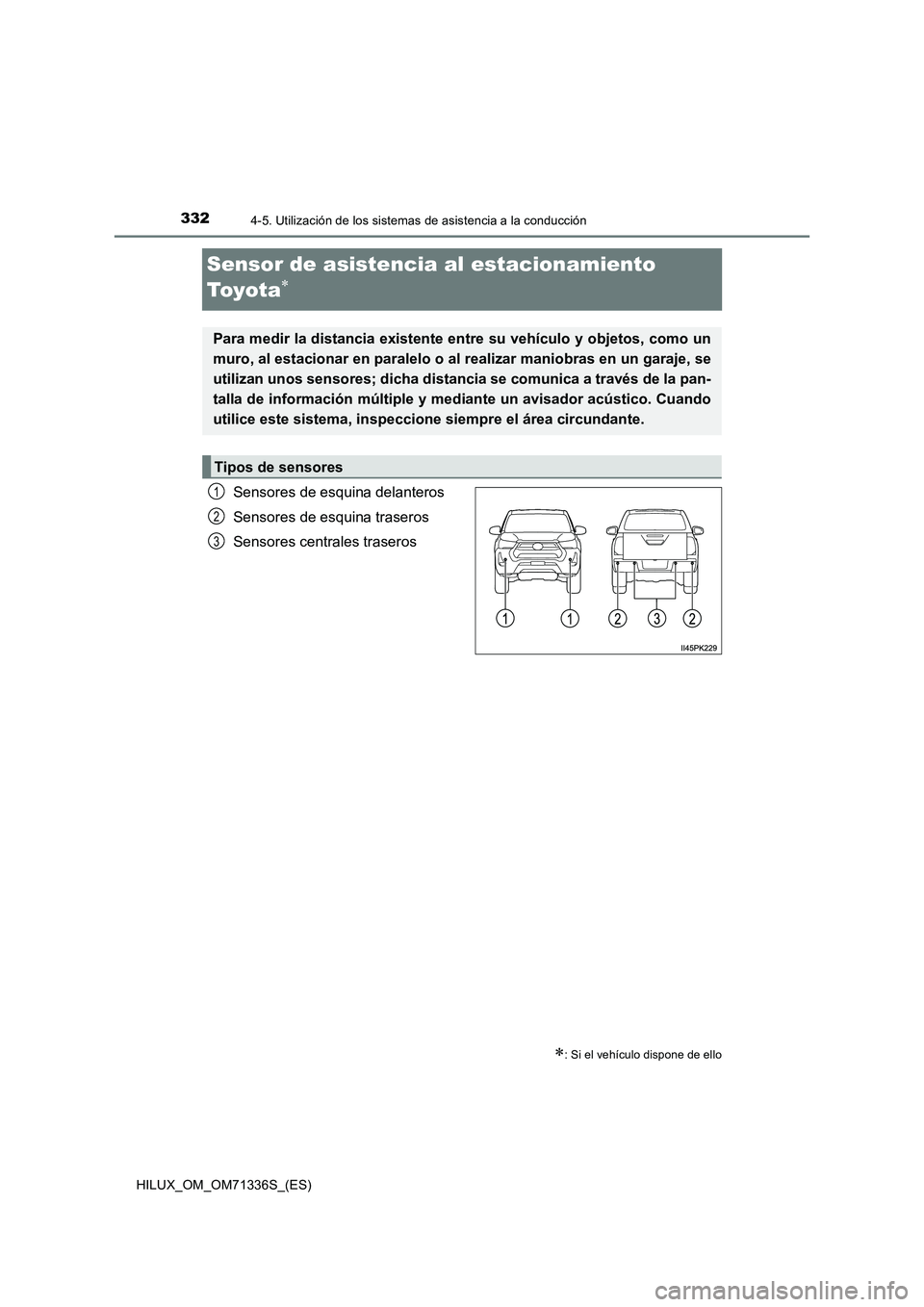 TOYOTA HILUX 2022  Manual del propietario (in Spanish) 3324-5. Utilización de los sistemas de asistencia a la conducción
HILUX_OM_OM71336S_(ES)
Sensor de asistencia al estacionamiento  
To y o t a
Sensores de esquina delanteros 
Sensores de esquina t