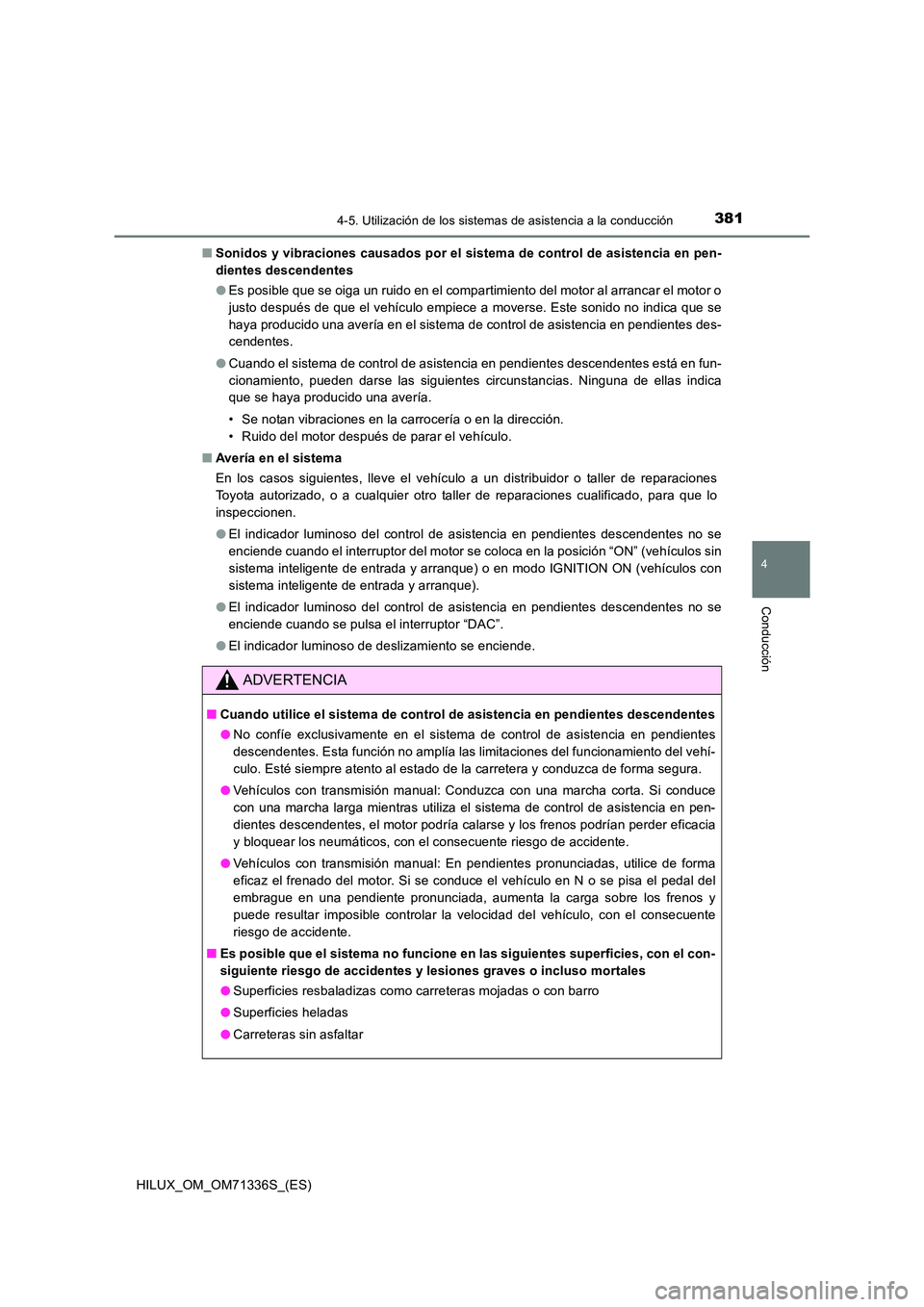 TOYOTA HILUX 2022  Manual del propietario (in Spanish) 3814-5. Utilización de los sistemas de asistencia a la conducción
4
Conducción
HILUX_OM_OM71336S_(ES) 
�Q Sonidos y vibraciones causados por el sistema de control de asistencia en pen- 
dientes des