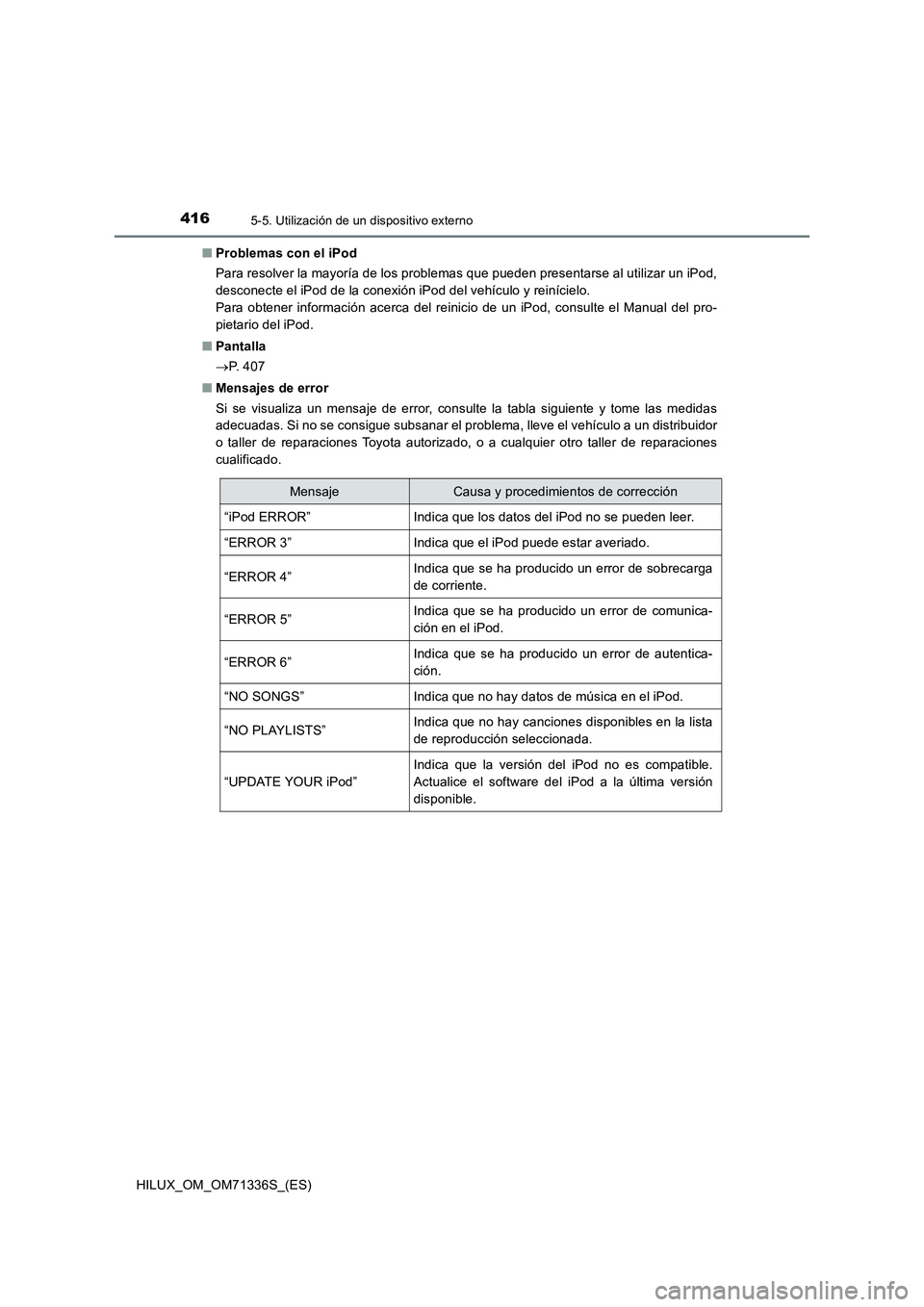 TOYOTA HILUX 2022  Manual del propietario (in Spanish) 4165-5. Utilización de un dispositivo externo
HILUX_OM_OM71336S_(ES)�QProblemas con el iPod
Para resolver la mayoría de los problemas que pueden presentarse al utilizar un iPod,
desconecte el iPod d
