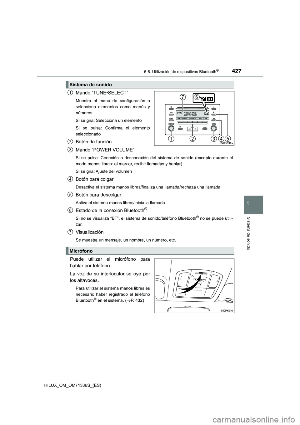 TOYOTA HILUX 2022  Manual del propietario (in Spanish) 4275-6. Utilización de dispositivos Bluetooth®
5
Sistema de sonido
HILUX_OM_OM71336S_(ES)
Mando “TUNE•SELECT”
Muestra el menú de configuración o
selecciona elementos como menús y
números
S