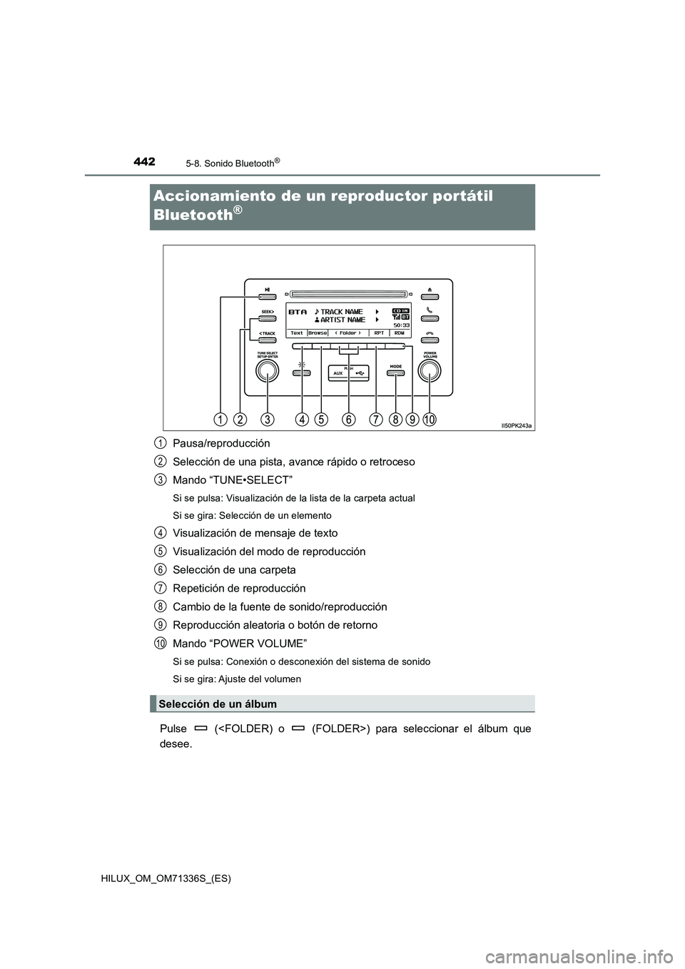 TOYOTA HILUX 2022  Manual del propietario (in Spanish) 4425-8. Sonido Bluetooth®
HILUX_OM_OM71336S_(ES)
Accionamiento de un reproductor portátil 
Bluetooth
®
Pausa/reproducción
Selección de una pista, avance rápido o retroceso
Mando “TUNE•SELECT