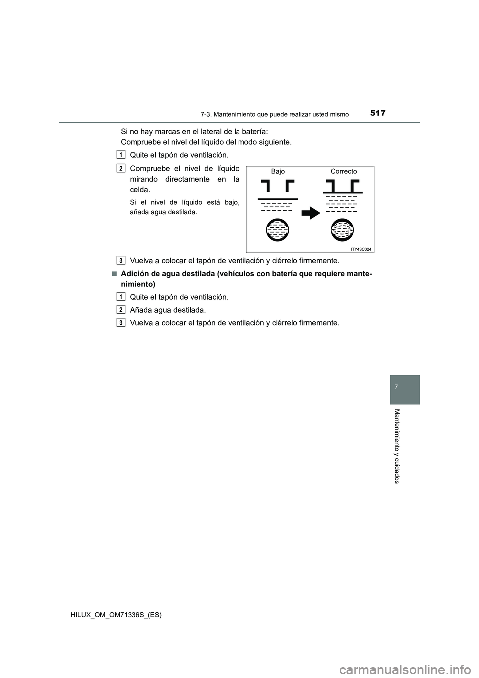 TOYOTA HILUX 2022  Manual del propietario (in Spanish) 5177-3. Mantenimiento que puede realizar usted mismo
HILUX_OM_OM71336S_(ES)
7
Mantenimiento y cuidados
Si no hay marcas en el lateral de la batería: 
Compruebe el nivel del líquido del modo siguient