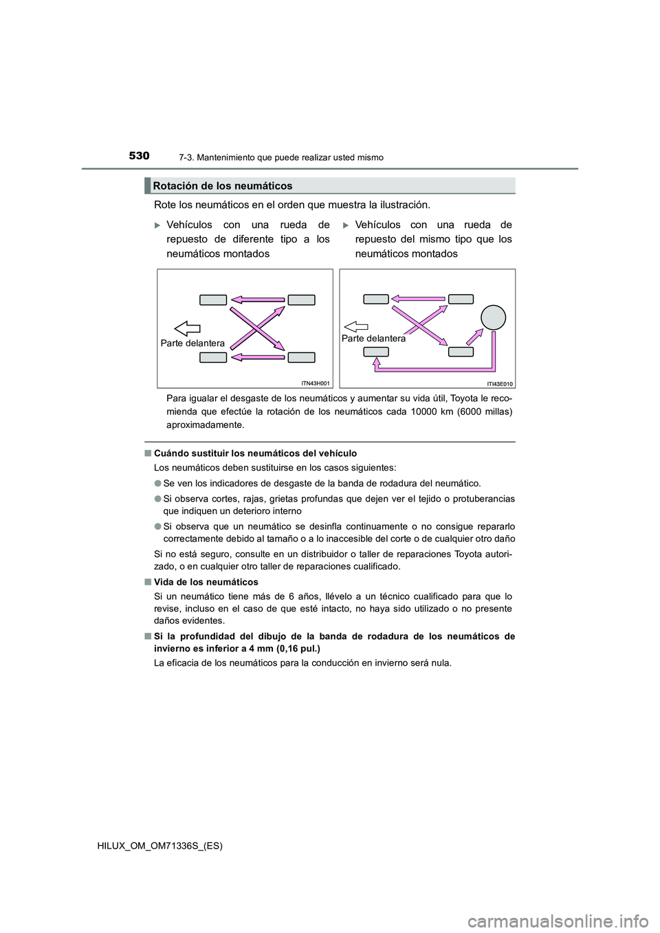 TOYOTA HILUX 2022  Manual del propietario (in Spanish) 5307-3. Mantenimiento que puede realizar usted mismo
HILUX_OM_OM71336S_(ES)
Rote los neumáticos en el orden que muestra la ilustración.
Para igualar el desgaste de los neumáticos y aumentar su vida