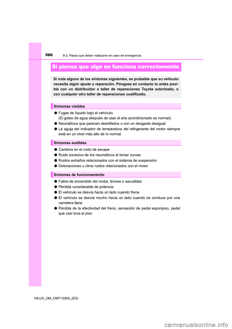 TOYOTA HILUX 2022  Manual del propietario (in Spanish) 5868-2. Pasos que deben realizarse en caso de emergencia
HILUX_OM_OM71336S_(ES)
Si piensa que algo no funciona correctamente
�OFugas de líquido bajo el vehículo.  
(El goteo de agua después de usar