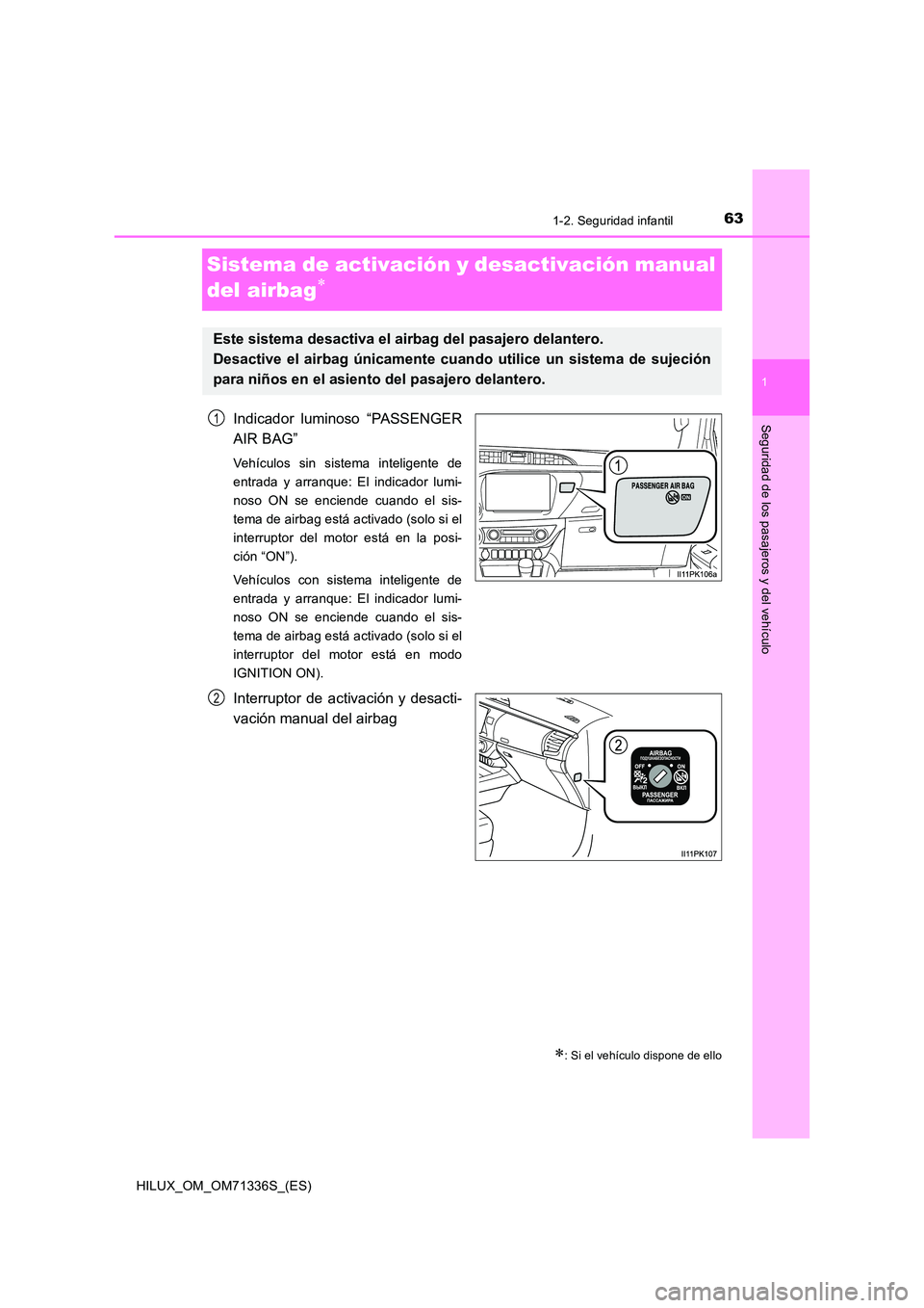 TOYOTA HILUX 2022  Manual del propietario (in Spanish) 63
1
1-2. Seguridad infantil
HILUX_OM_OM71336S_(ES)
Seguridad de los pasajeros y del vehículo
Sistema de activación y desactivación manual  
del airbag
Indicador luminoso “PASSENGER 
AIR BAG