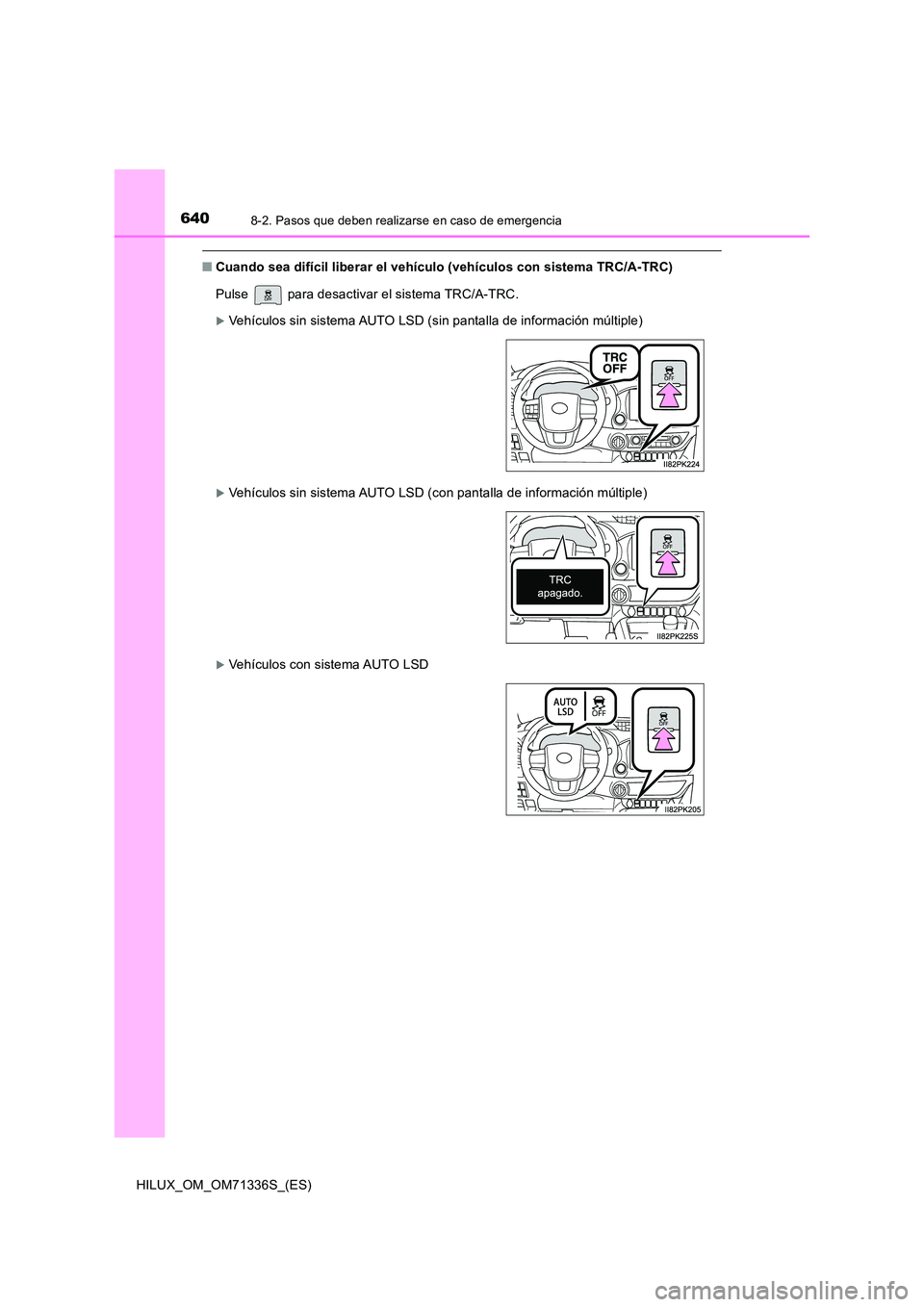 TOYOTA HILUX 2022  Manual del propietario (in Spanish) 6408-2. Pasos que deben realizarse en caso de emergencia
HILUX_OM_OM71336S_(ES)
�QCuando sea difícil liberar el vehículo (vehículos con sistema TRC/A-TRC) 
Pulse   para desactivar el sistema TRC/A-