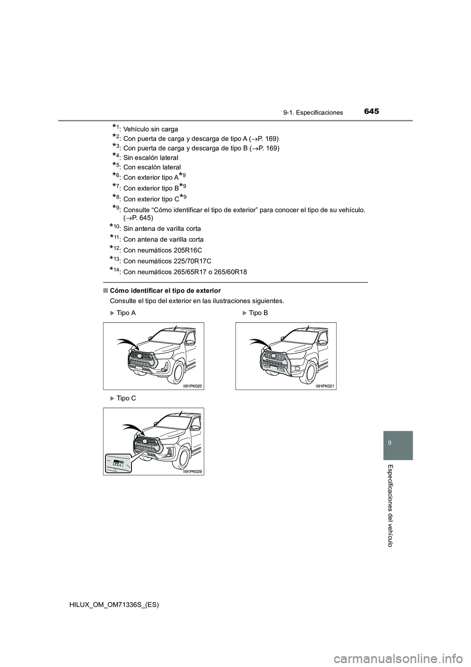 TOYOTA HILUX 2022  Manual del propietario (in Spanish) 645
9
9-1. Especificaciones
Especificaciones del vehículo
HILUX_OM_OM71336S_(ES)
*1: Vehículo sin carga
*2: Con puerta de carga y descarga de tipo A (P. 169)
*3: Con puerta de carga y descarga de