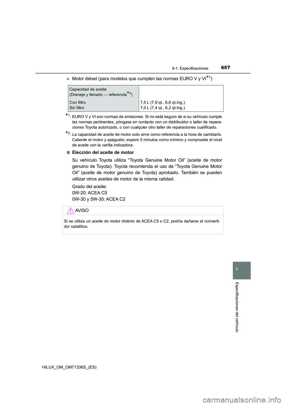TOYOTA HILUX 2022  Manual del propietario (in Spanish) 657
9
9-1. Especificaciones
Especificaciones del vehículo
HILUX_OM_OM71336S_(ES)
Motor diésel (para modelos que cumplen las normas EURO V y VI*1)
*1: EURO V y VI son normas de emisiones. Si no es
