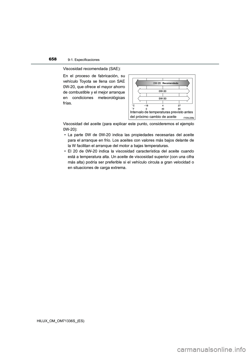 TOYOTA HILUX 2022  Manual del propietario (in Spanish) 6589-1. Especificaciones
HILUX_OM_OM71336S_(ES)
Viscosidad recomendada (SAE):
En el proceso de fabricación, su
vehículo Toyota se llena con SAE
0W-20, que ofrece el mayor ahorro
de combustible y el 