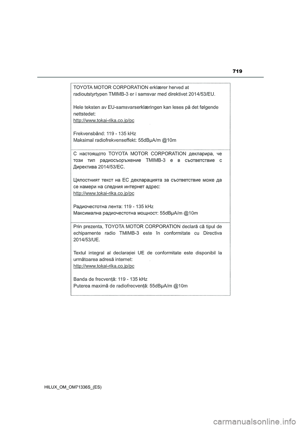 TOYOTA HILUX 2022 Manual del propietario (in Spanish) 719
HILUX_OM_OM71336S_(ES) TOYOTA HILUX 2022 Manual del propietario (in Spanish) 719
HILUX_OM_OM71336S_(ES)