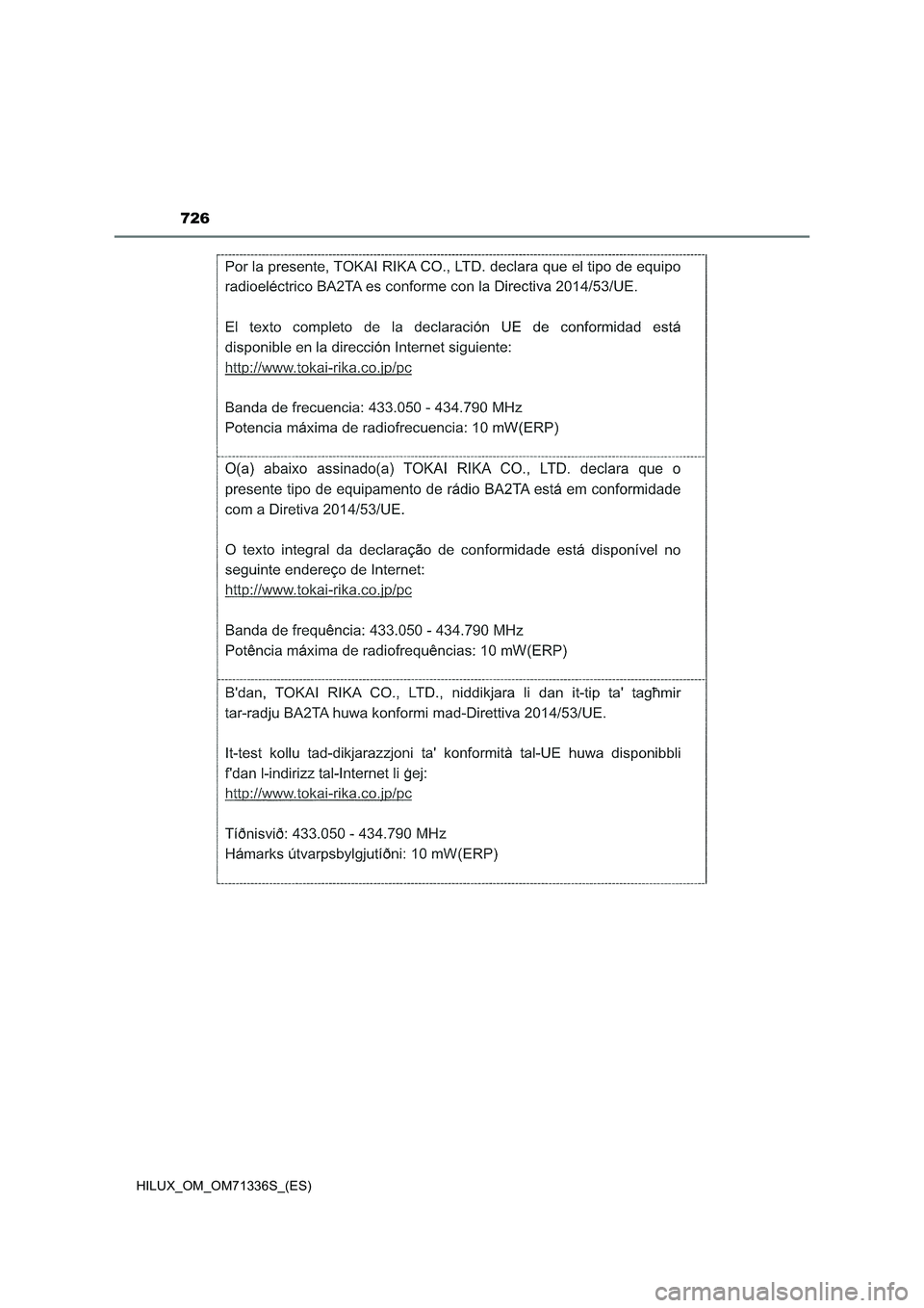 TOYOTA HILUX 2022 Manual del propietario (in Spanish) 726
HILUX_OM_OM71336S_(ES) TOYOTA HILUX 2022 Manual del propietario (in Spanish) 726
HILUX_OM_OM71336S_(ES)