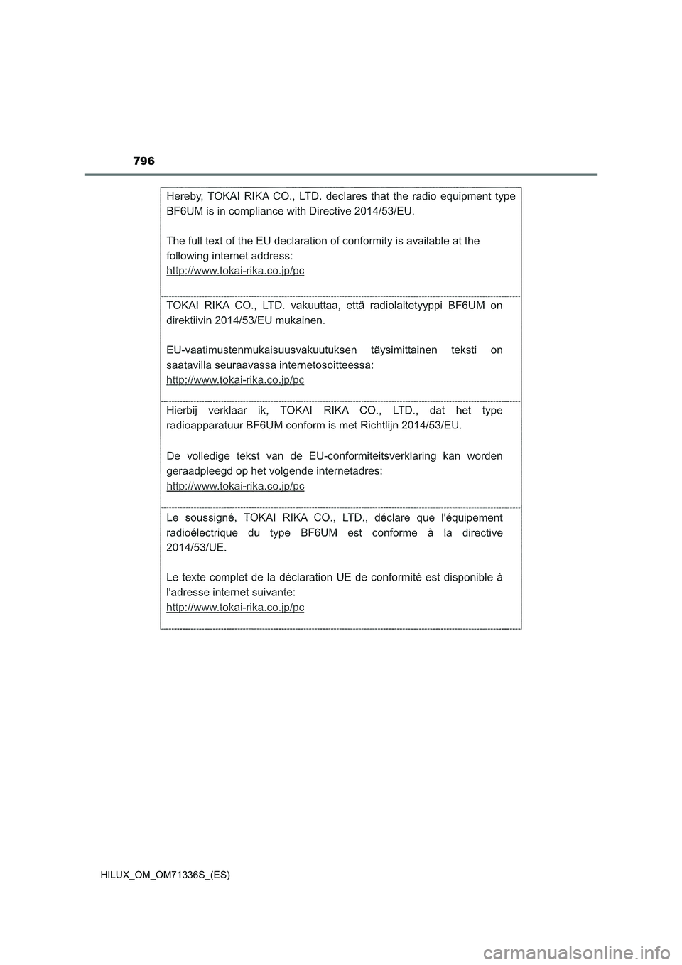 TOYOTA HILUX 2022 Manual del propietario (in Spanish) 796
HILUX_OM_OM71336S_(ES) TOYOTA HILUX 2022 Manual del propietario (in Spanish) 796
HILUX_OM_OM71336S_(ES)