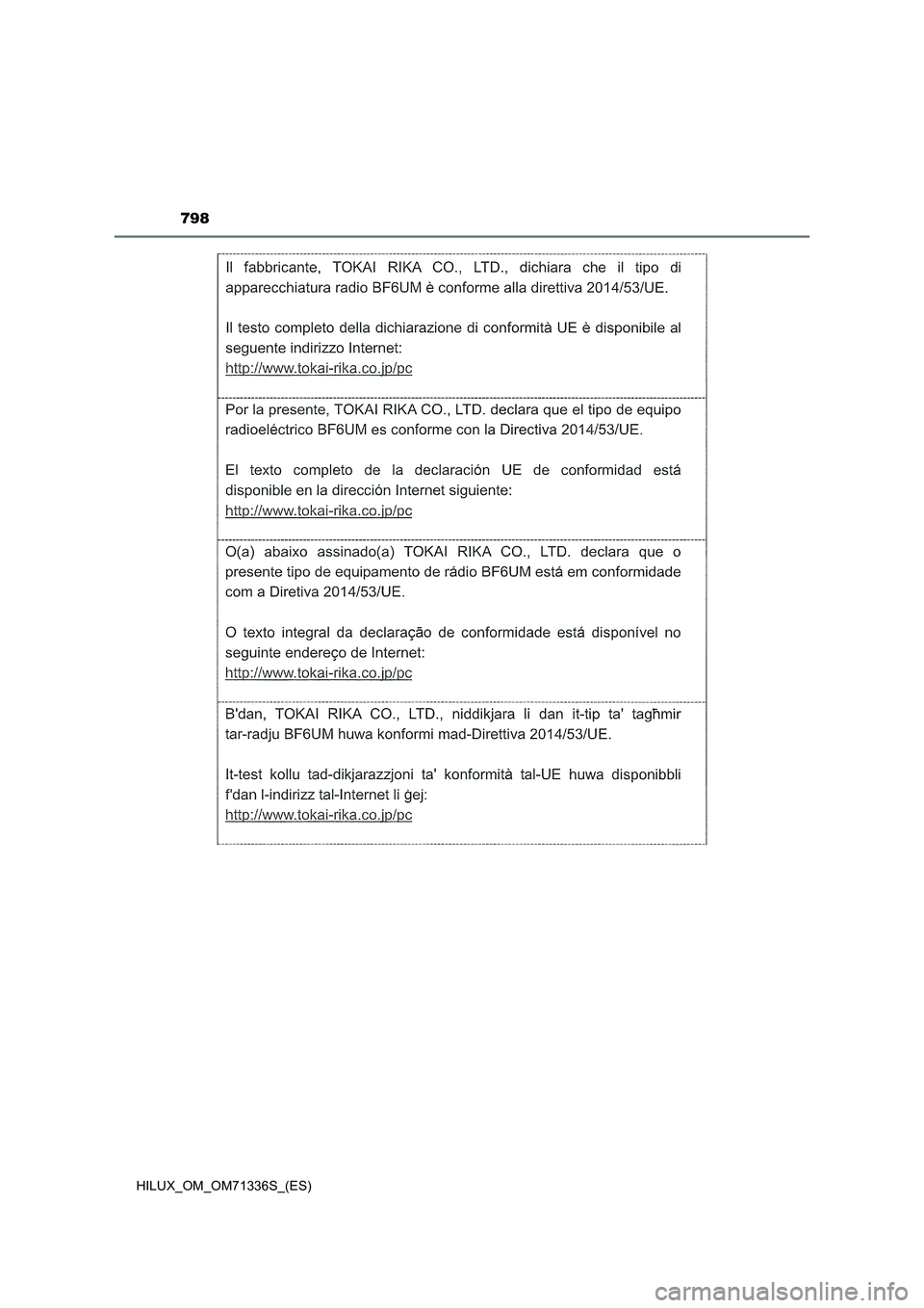 TOYOTA HILUX 2022 Manual del propietario (in Spanish) 798
HILUX_OM_OM71336S_(ES) TOYOTA HILUX 2022 Manual del propietario (in Spanish) 798
HILUX_OM_OM71336S_(ES)