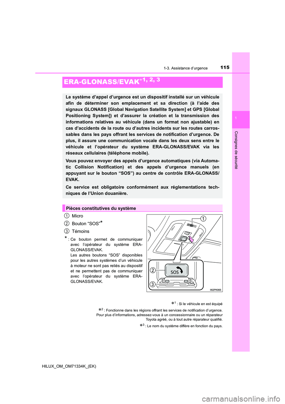TOYOTA HILUX 2022  Manuel du propriétaire (in French) 115
1
1-3. Assistance d’urgence
HILUX_OM_OM71334K_(EK)
Consignes de sécurité
ERA-GLONASS/EVAK1, 2, 3
Micro 
Bouton “SOS”*
Témoins
*: Ce bouton permet de communiquer 
avec l’opérateur du