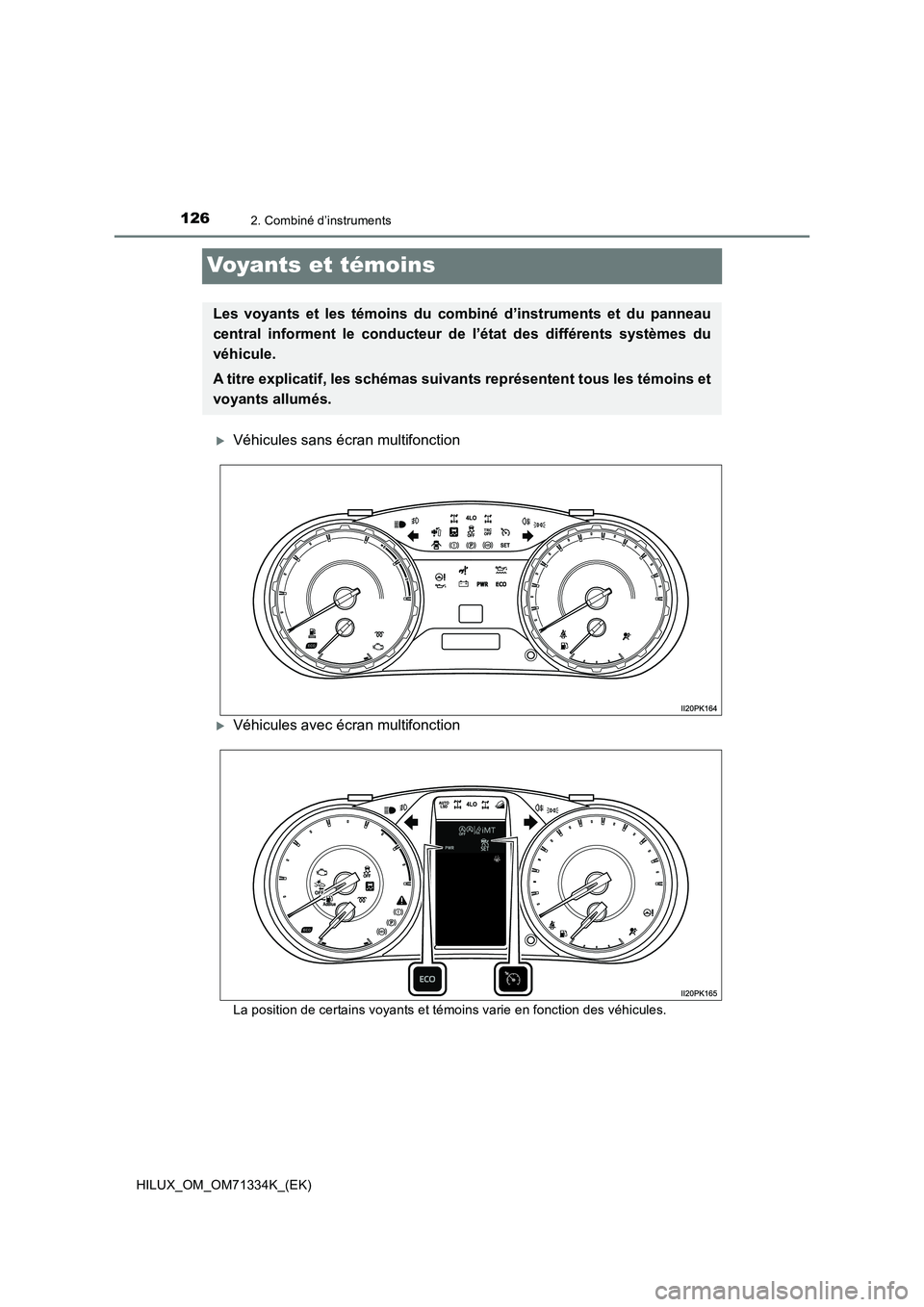 TOYOTA HILUX 2022  Manuel du propriétaire (in French) 1262. Combiné d’instruments
HILUX_OM_OM71334K_(EK)
Voyants et témoins
Véhicules sans écran multifonction
Véhicules avec écran multifonction
La position de certains voyants et témoins va