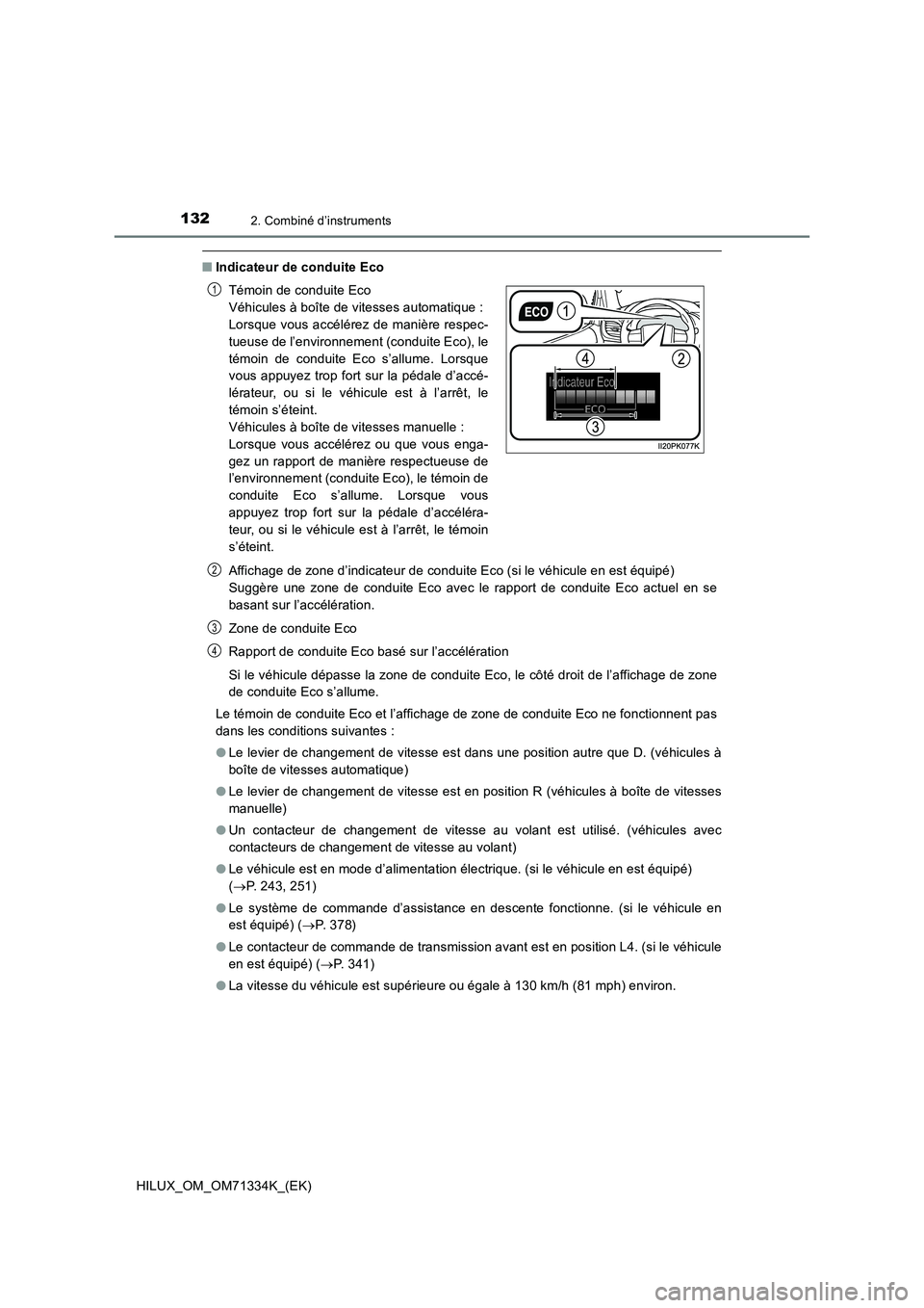TOYOTA HILUX 2022  Manuel du propriétaire (in French) 1322. Combiné d’instruments
HILUX_OM_OM71334K_(EK)
�QIndicateur de conduite Eco
Affichage de zone d’indicateur de conduite Eco (si le véhicule en est équipé) 
Suggère une zone de conduite Eco