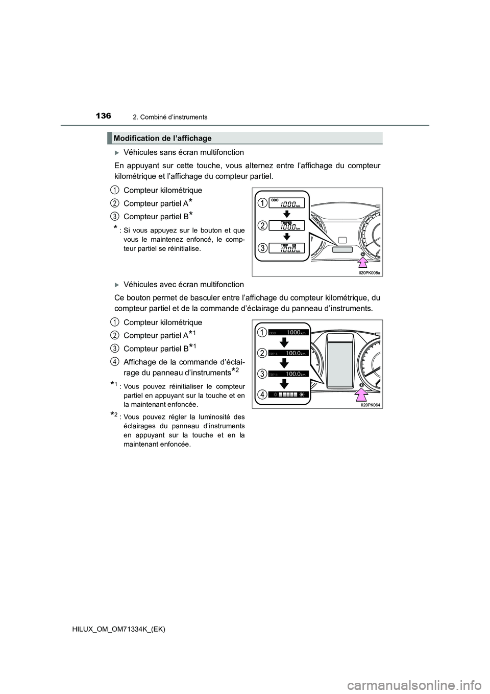 TOYOTA HILUX 2022  Manuel du propriétaire (in French) 1362. Combiné d’instruments
HILUX_OM_OM71334K_(EK)
Véhicules sans écran multifonction
En appuyant sur cette touche, vous alternez entre l’affichage du compteur
kilométrique et l’affichage