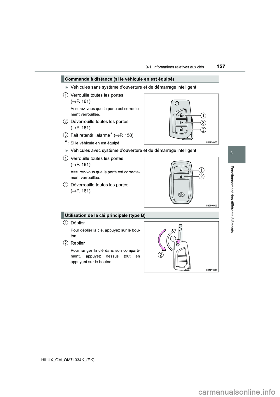 TOYOTA HILUX 2022  Manuel du propriétaire (in French) 1573-1. Informations relatives aux clés
3
Fonctionnement des différents éléments
HILUX_OM_OM71334K_(EK)
Véhicules sans système d’ouverture et de démarrage intelligent
Verrouille toutes les