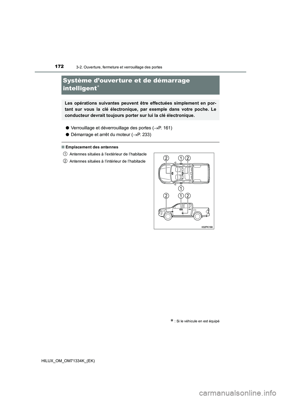 TOYOTA HILUX 2022  Manuel du propriétaire (in French) 1723-2. Ouverture, fermeture et verrouillage des portes
HILUX_OM_OM71334K_(EK)
Système d’ouverture et de démarrage  
intelligent
�O Verrouillage et déverrouillage des portes (P. 161) 
�O D